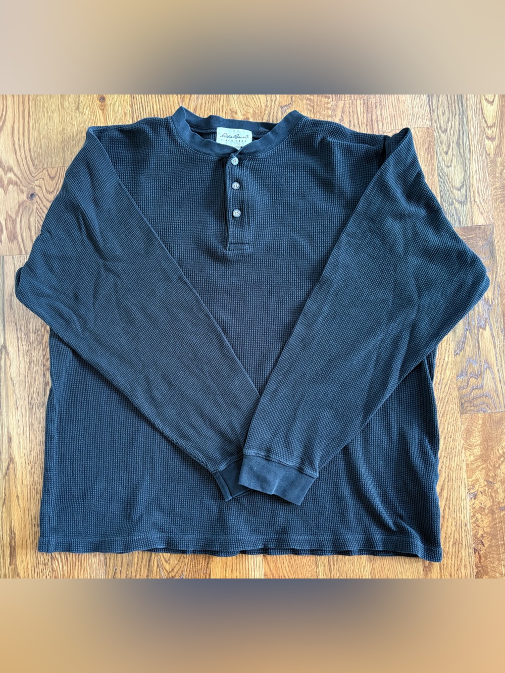 Eddie Bauer Henley Shirt Men's Black Waffle Knit Boxy Y2K Thermal Large